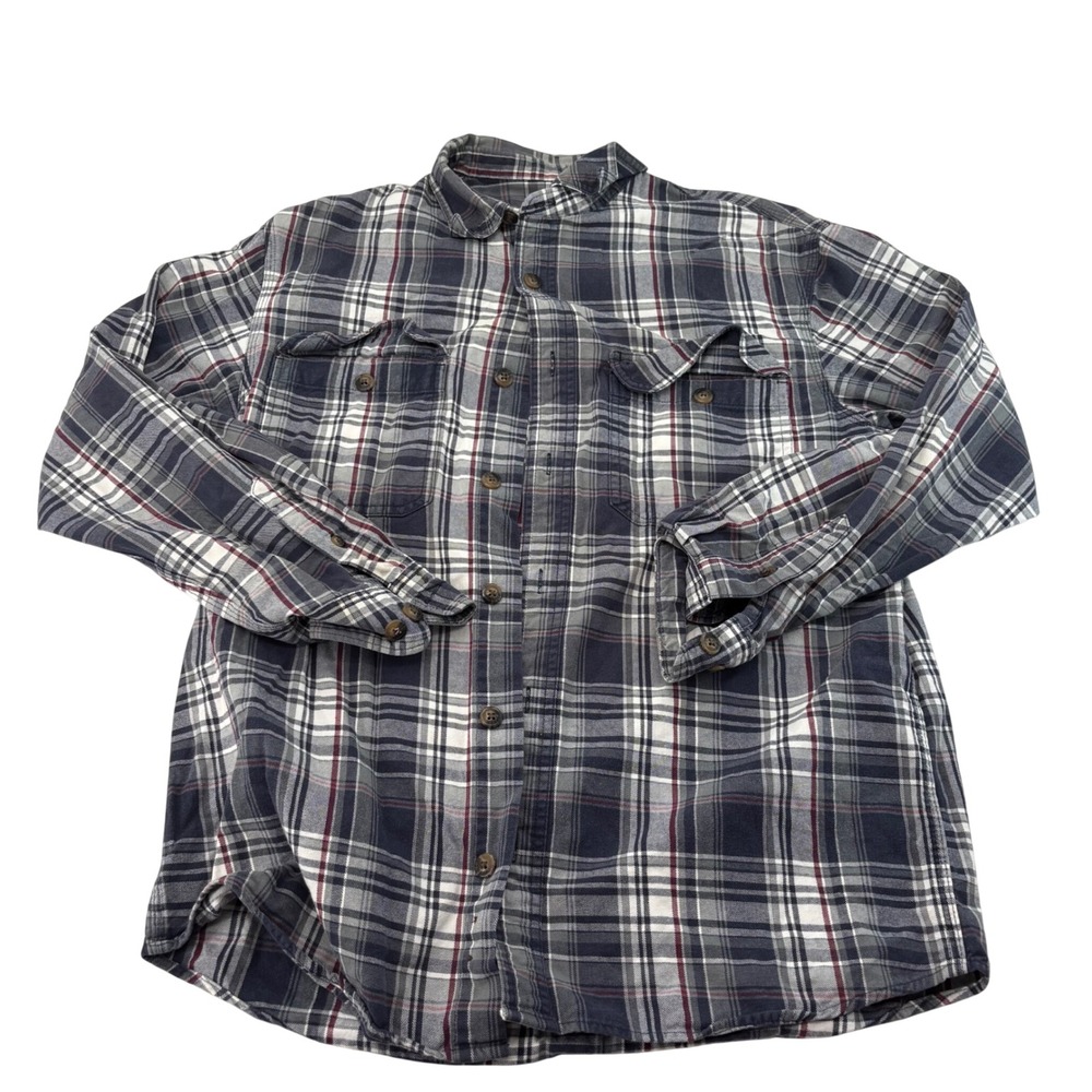 Schmidt Workwear Mens MD Navy Blue Plaid Flannel Button Down Cotton Shirt 5046